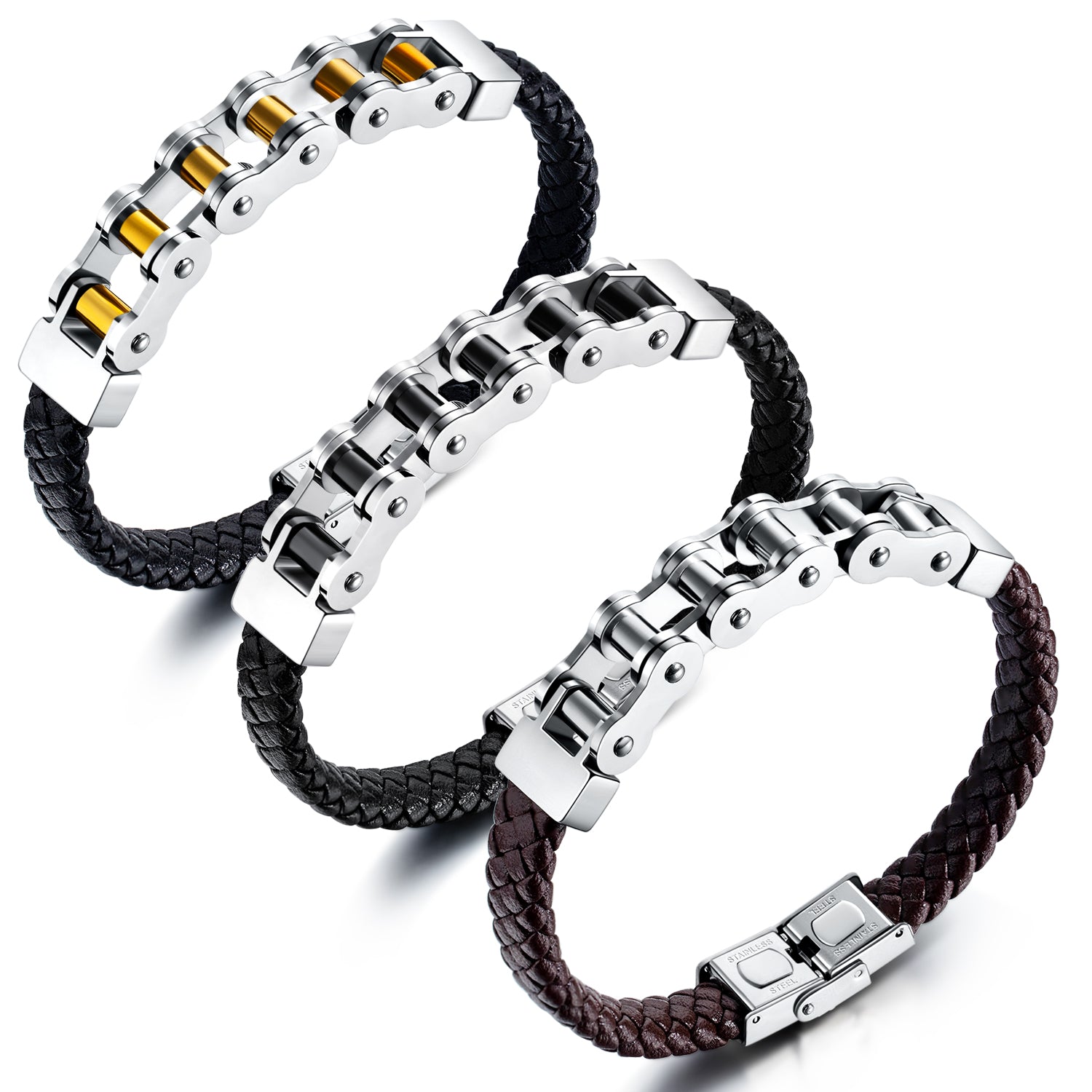Ceratien Brand: Fashionable Personality Domineering Titanium Steel Bicycle Chain Braided Leather Rope Bracelet