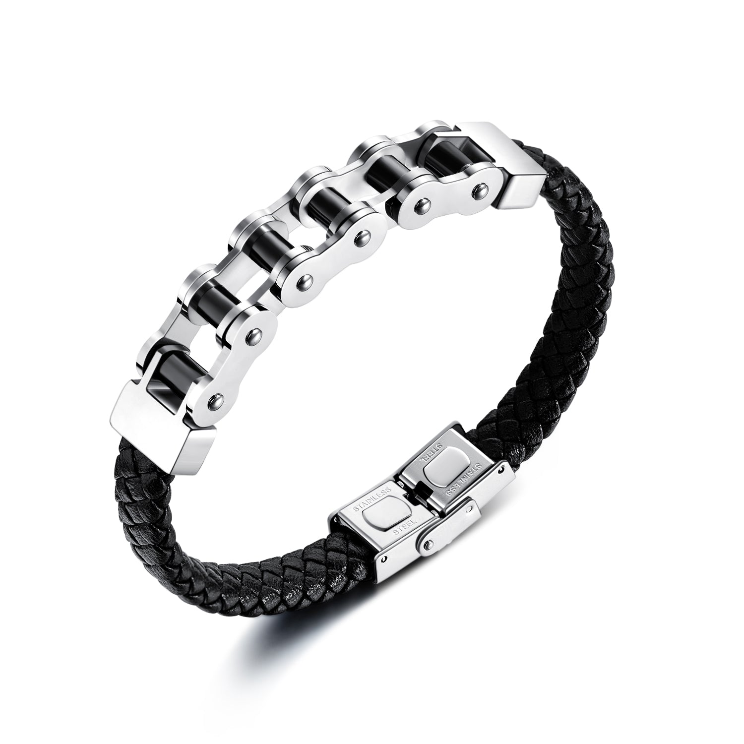 Ceratien Brand: Fashionable Personality Domineering Titanium Steel Bicycle Chain Braided Leather Rope Bracelet