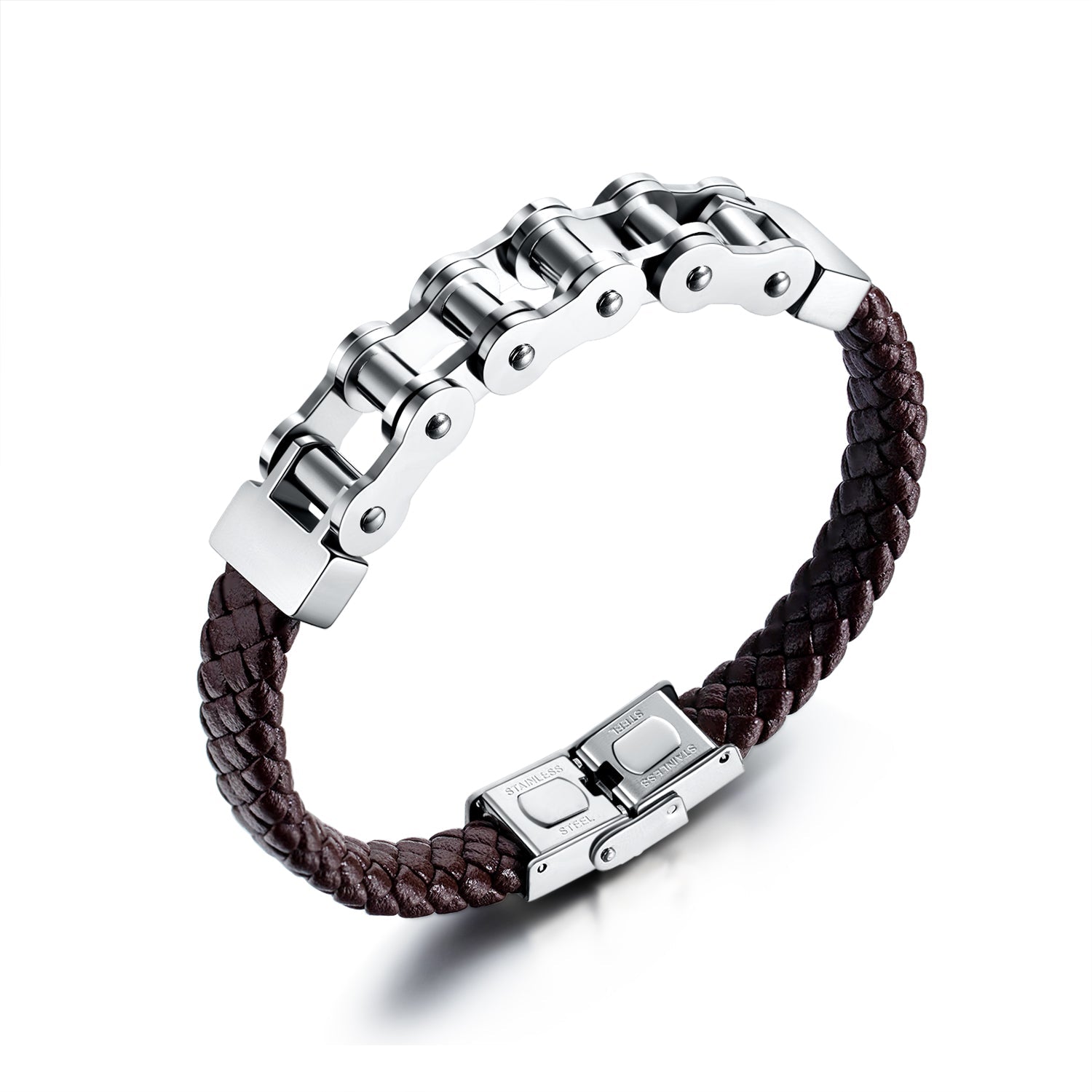 Ceratien Brand: Fashionable Personality Domineering Titanium Steel Bicycle Chain Braided Leather Rope Bracelet