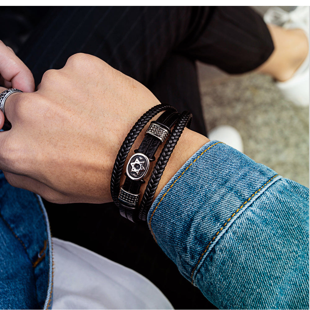 Ceratien Vintage Six-Pointed Star Leather Bracelet - Fashion Braided Leather Cord