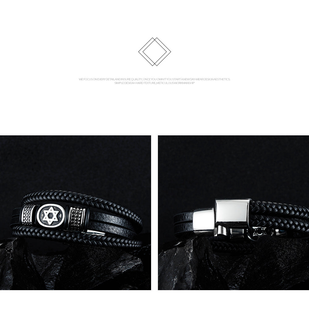Ceratien Vintage Six-Pointed Star Leather Bracelet - Fashion Braided Leather Cord